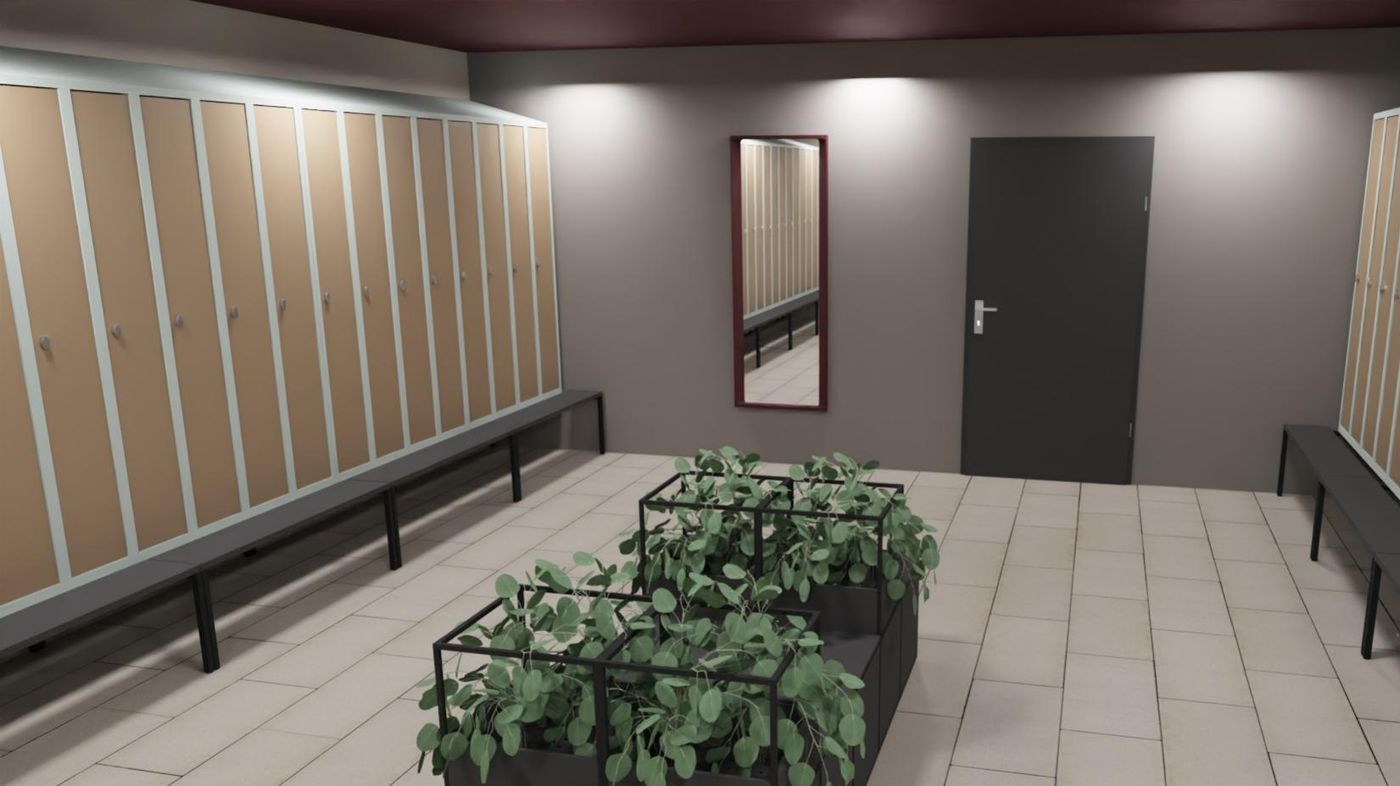 Visualisering af renoveret omklædningsrum i idrætshal med lyse skabe, bænke og plantekasser